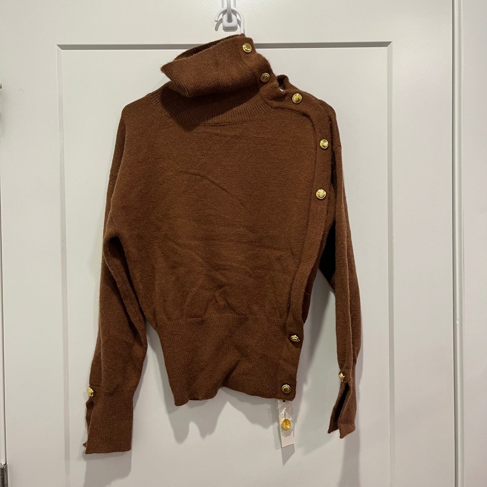 Commense Brown Asymmetrical Gold Button Turtleneck Knit Sweater OA251011130